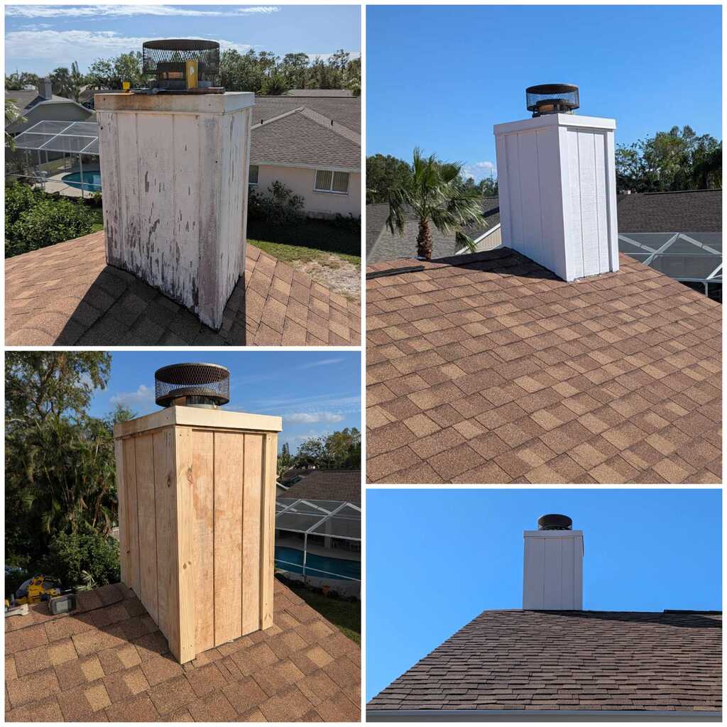 Chimney rebuild by Fix It Once Handyman Services — Rotted chase removed, framed and clad new — Venice, FL