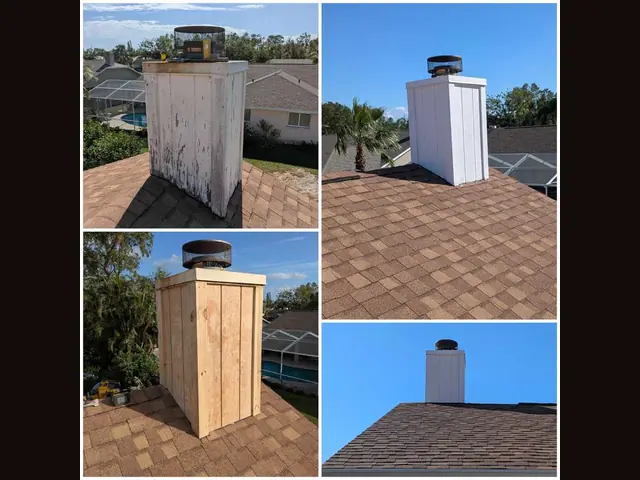 Chimney rebuild by Fix it Once Handyman Services — Rotted chase removed, framed and clad new — Venice, FL